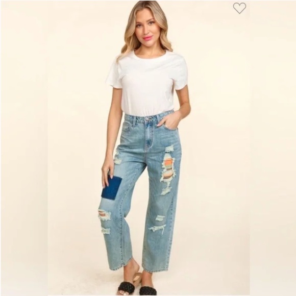 Haptics Ripped Patchwork High Waist Straight Leg Jeans - Picture 3 of 8